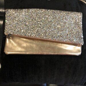 Express rose gold and glitter fold-over shoulder bag/magnetic clutch